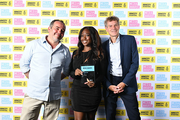 Amnesty Awards 25 - Broadcast News Award - Lutfi Abu-Aun, Aysha Tull (Centre), Olivia Chan, Michael Herrod 1.jpg